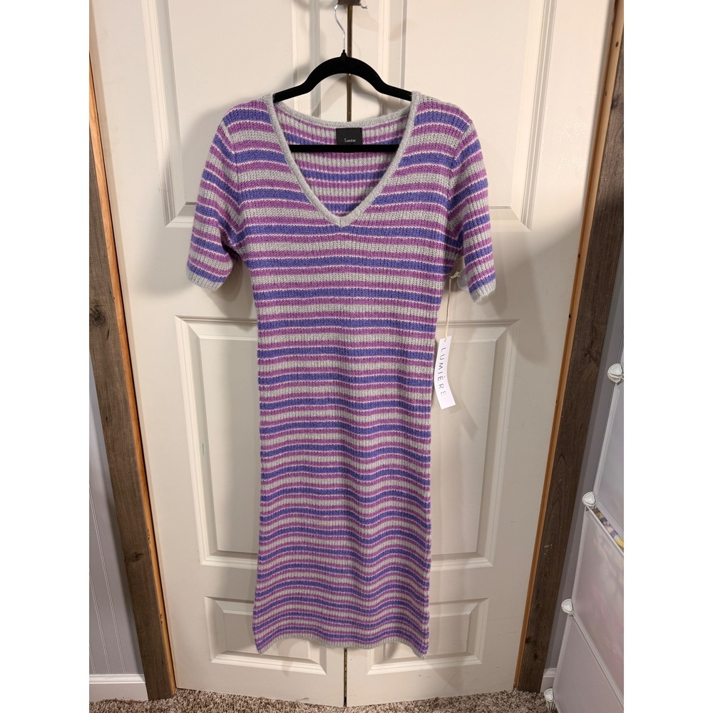 Lumiere Striped Knit Midi Sweater Dress Purple Grey V-Neck Short Sleeve Medium